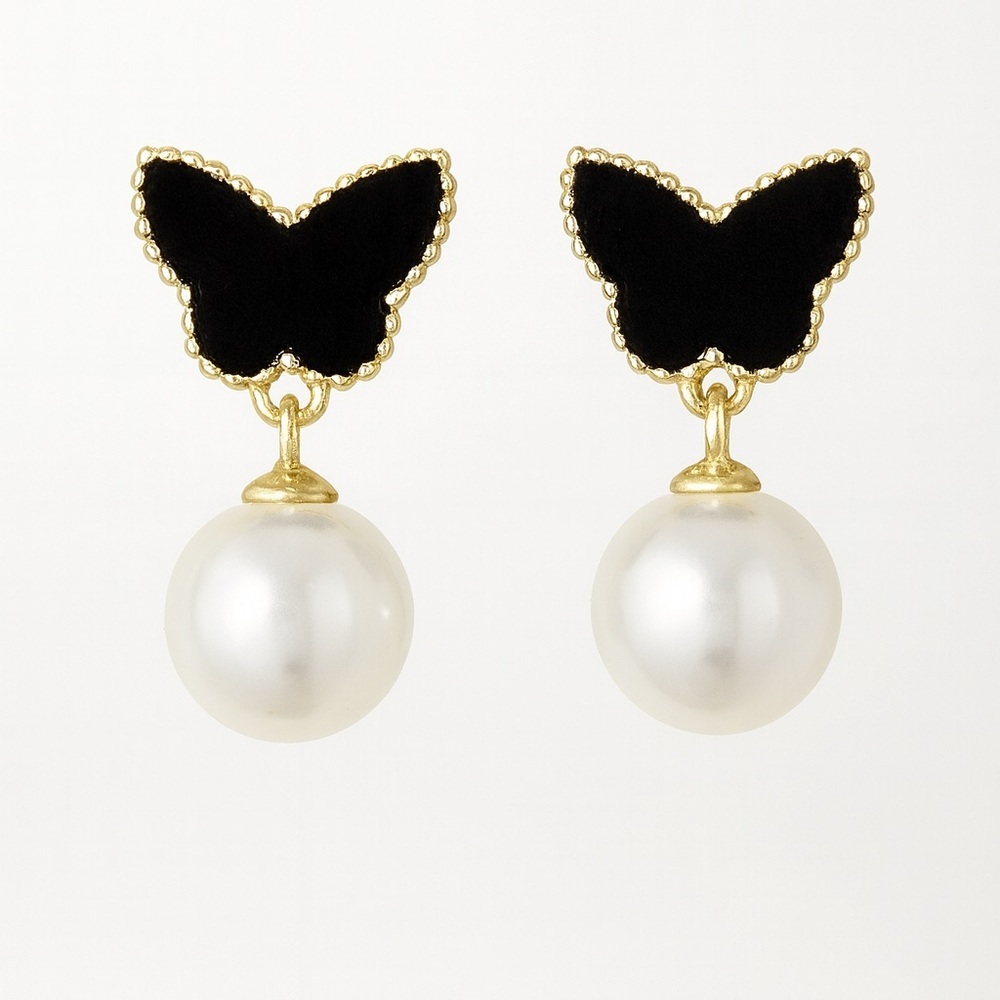 ⚜️ Elegant Black and Gold Butterfly Pearl Earrings